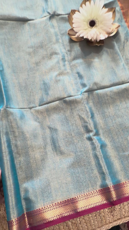 Blue and Majenta Maheshwari Tissue Silk Saree - MP